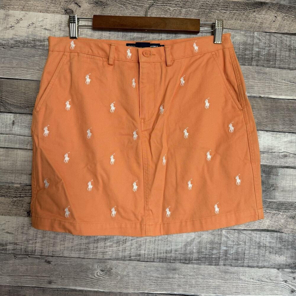 Ralph Lauren Sport Women's Size 4 Mini Skirt All Over Embroidered Logo Orange